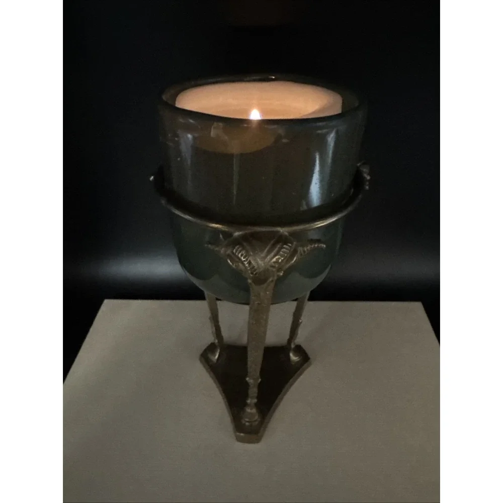 Vtg MCM Brass Stand Paired w Pottery Barn Glass Candle Holder Ram Head Man‎ Cave